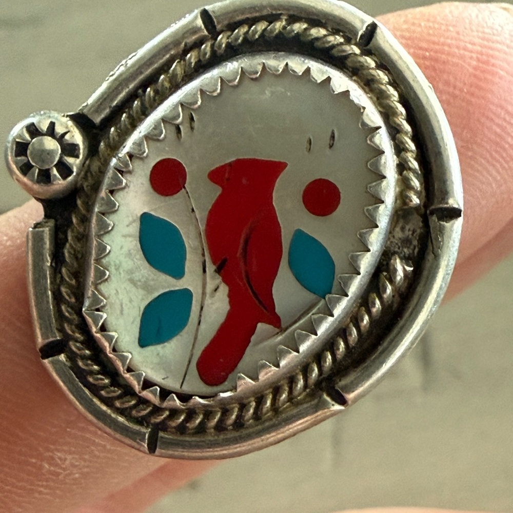 Silver and Red Bird Inlay Ring